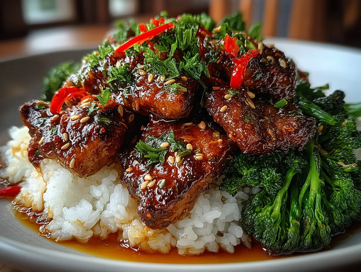Serving 15-Minute Sesame Ginger Chicken Stir Fry with rice and garnishes