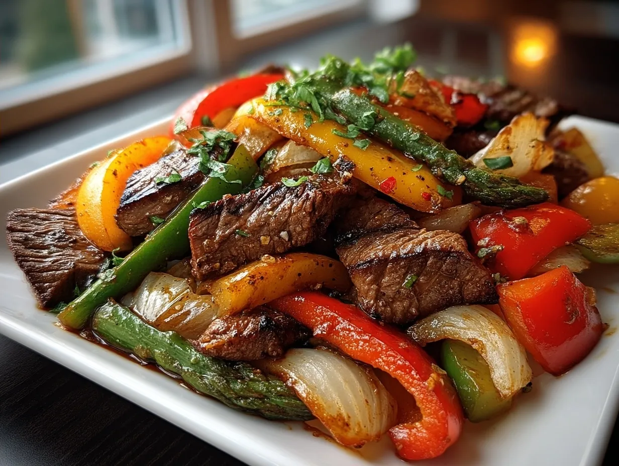 Serving Air Fryer Fajita Vegetables with Steak