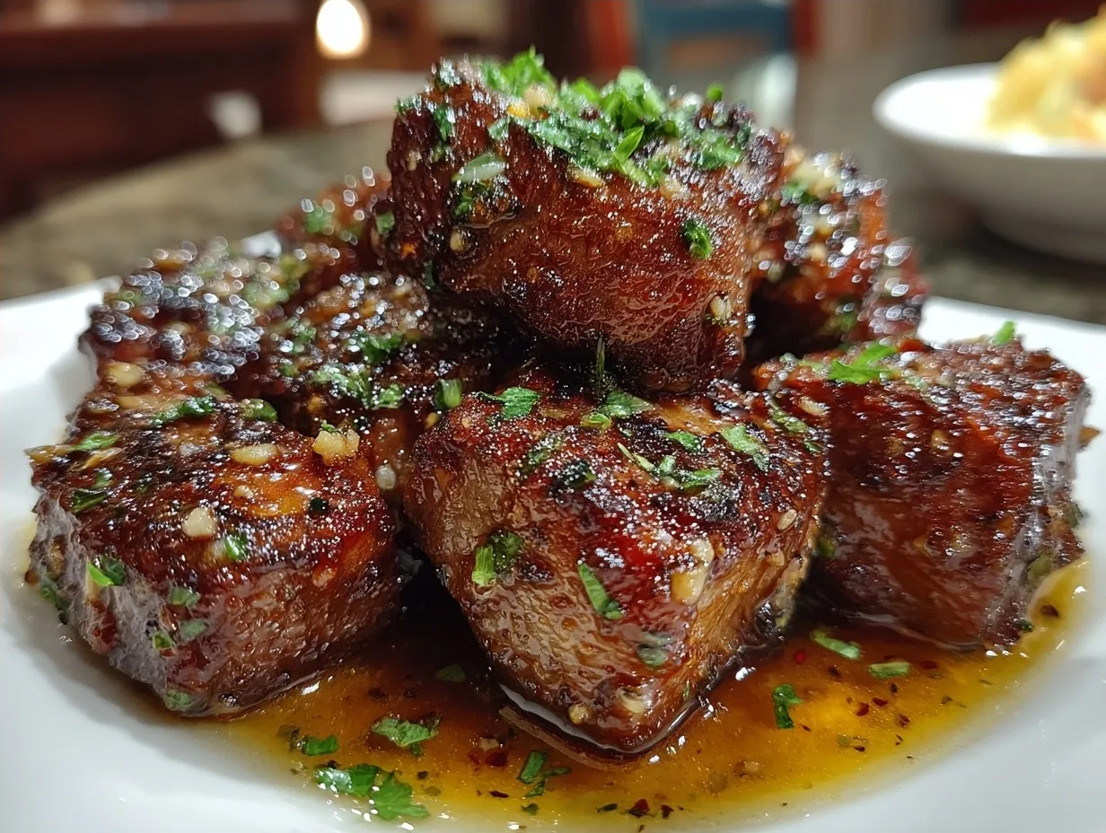 Served Air Fryer Garlic Butter Steak Bites on a plate garnished with fresh parsley