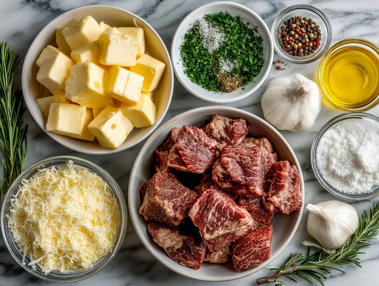Ingredients for Air Fryer Garlic Butter Steak Bites including sirloin steak, butter, garlic, parsley, and olive oil