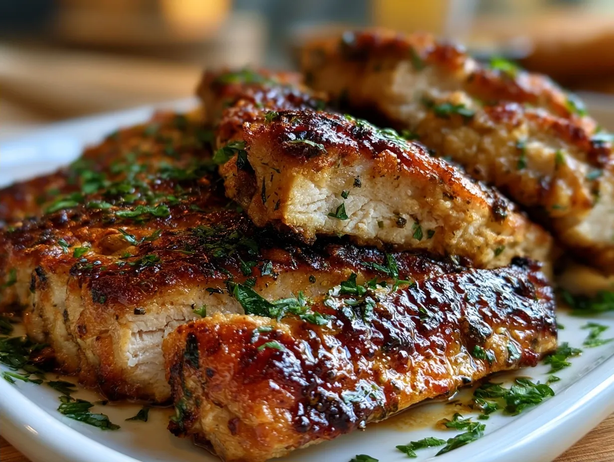 Serving Air Fryer Garlic Herb Turkey Cutlet Strips with fresh herbs and sides