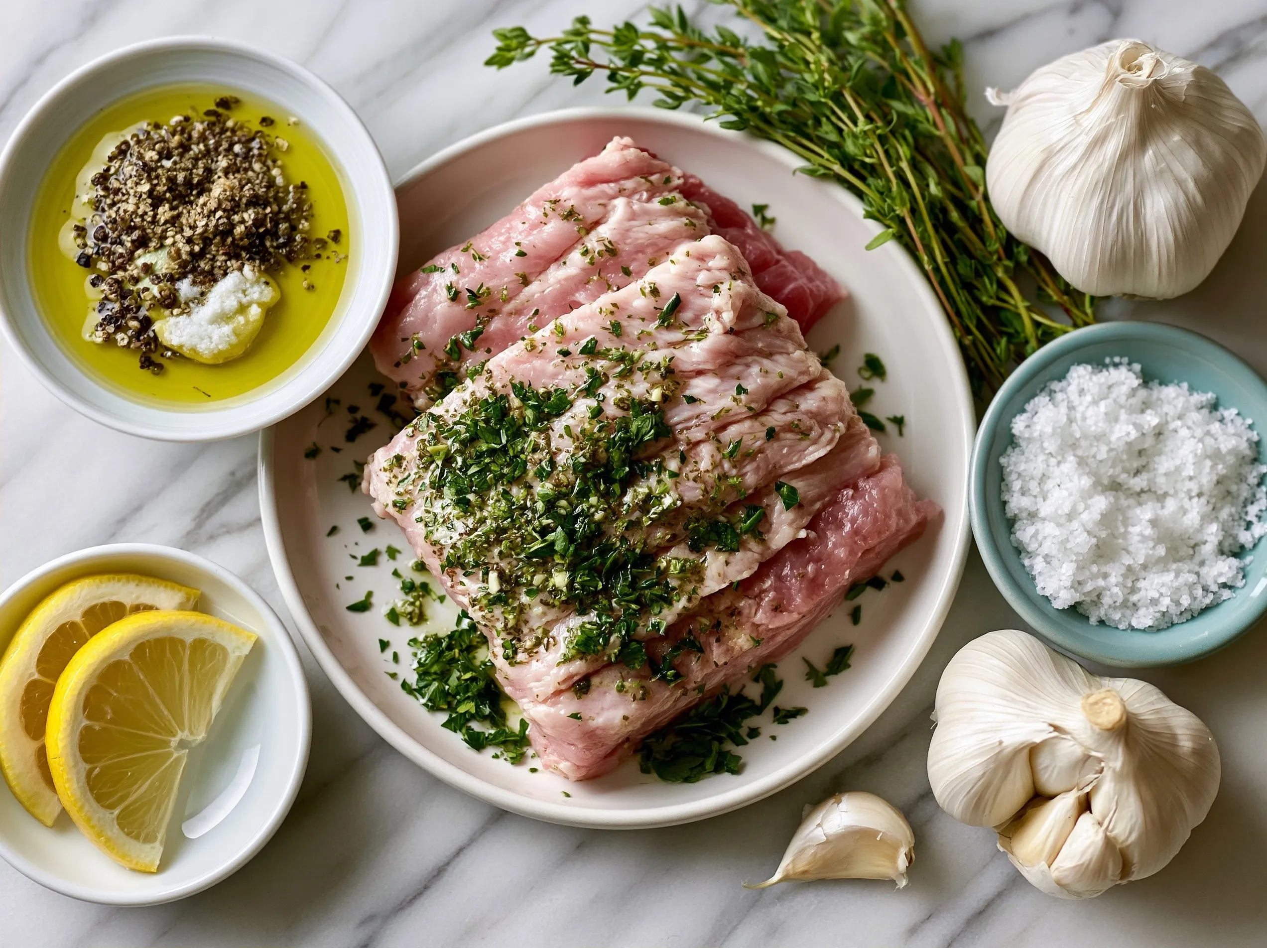 Ingredients for Air Fryer Garlic Herb Turkey Cutlet Strips laid out on a kitchen counter