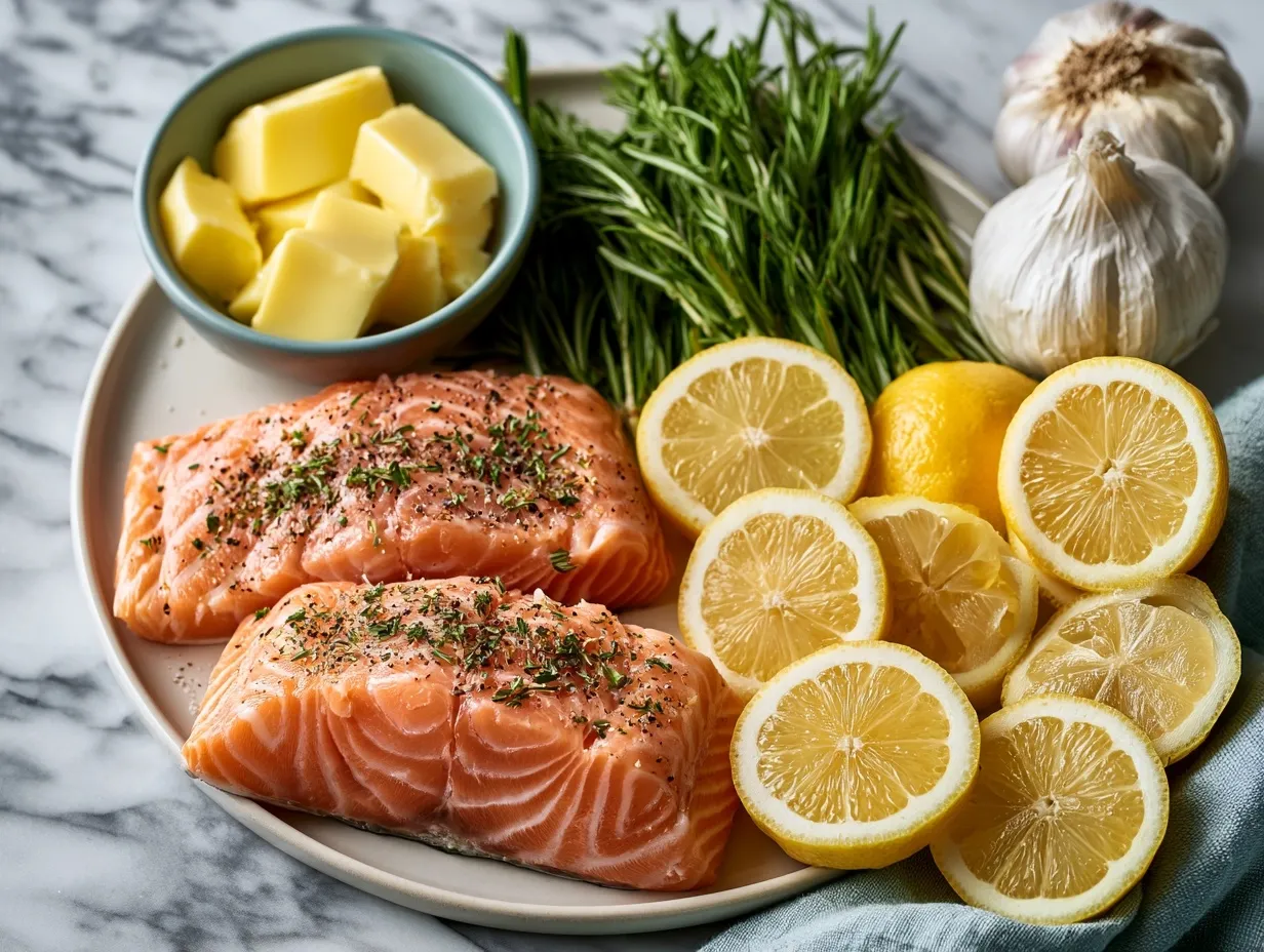 Ingredients for Air Fryer Lemon Butter Salmon including fresh lemons, salmon fillets, garlic, and melted butter