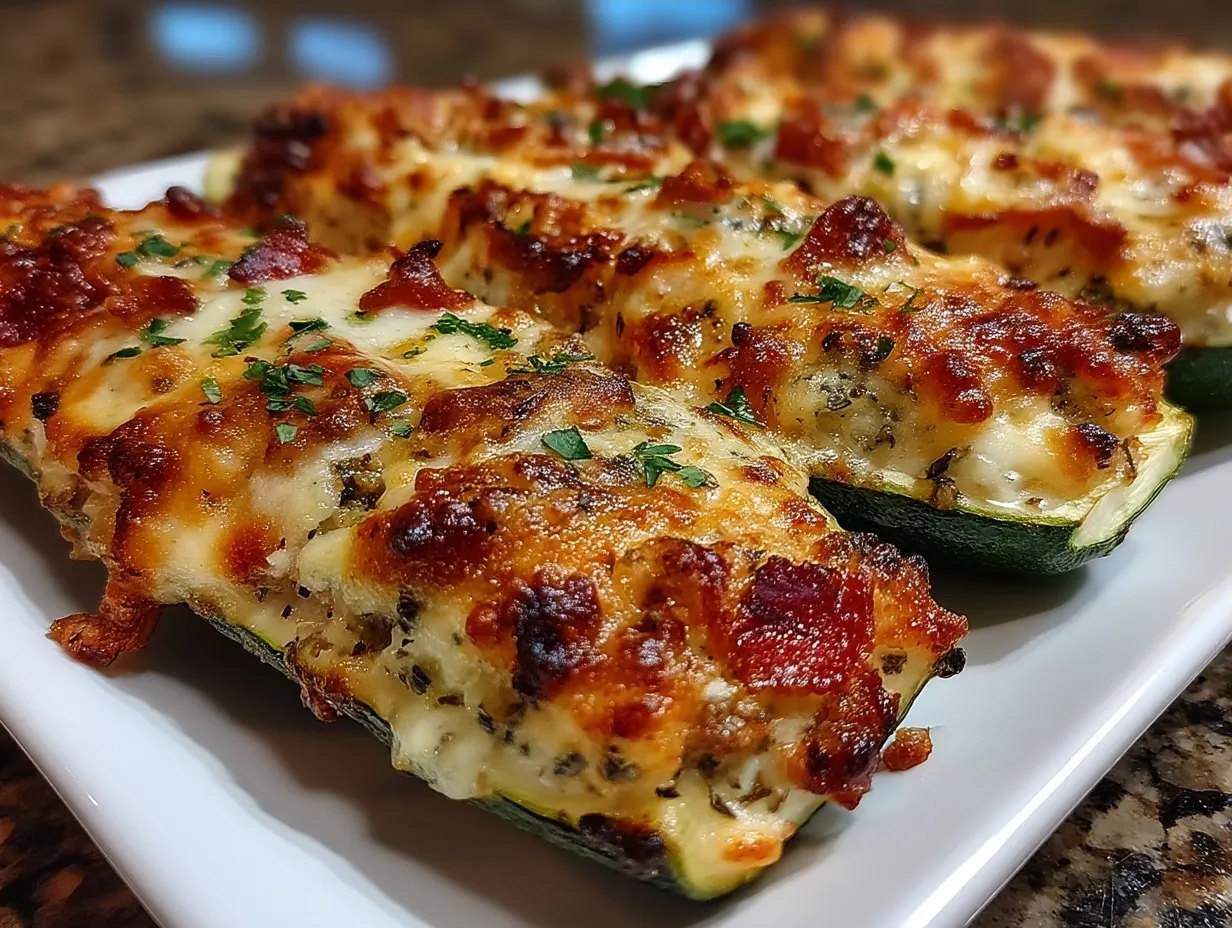 Served Air Fryer Stuffed Zucchini Boats on a Platter