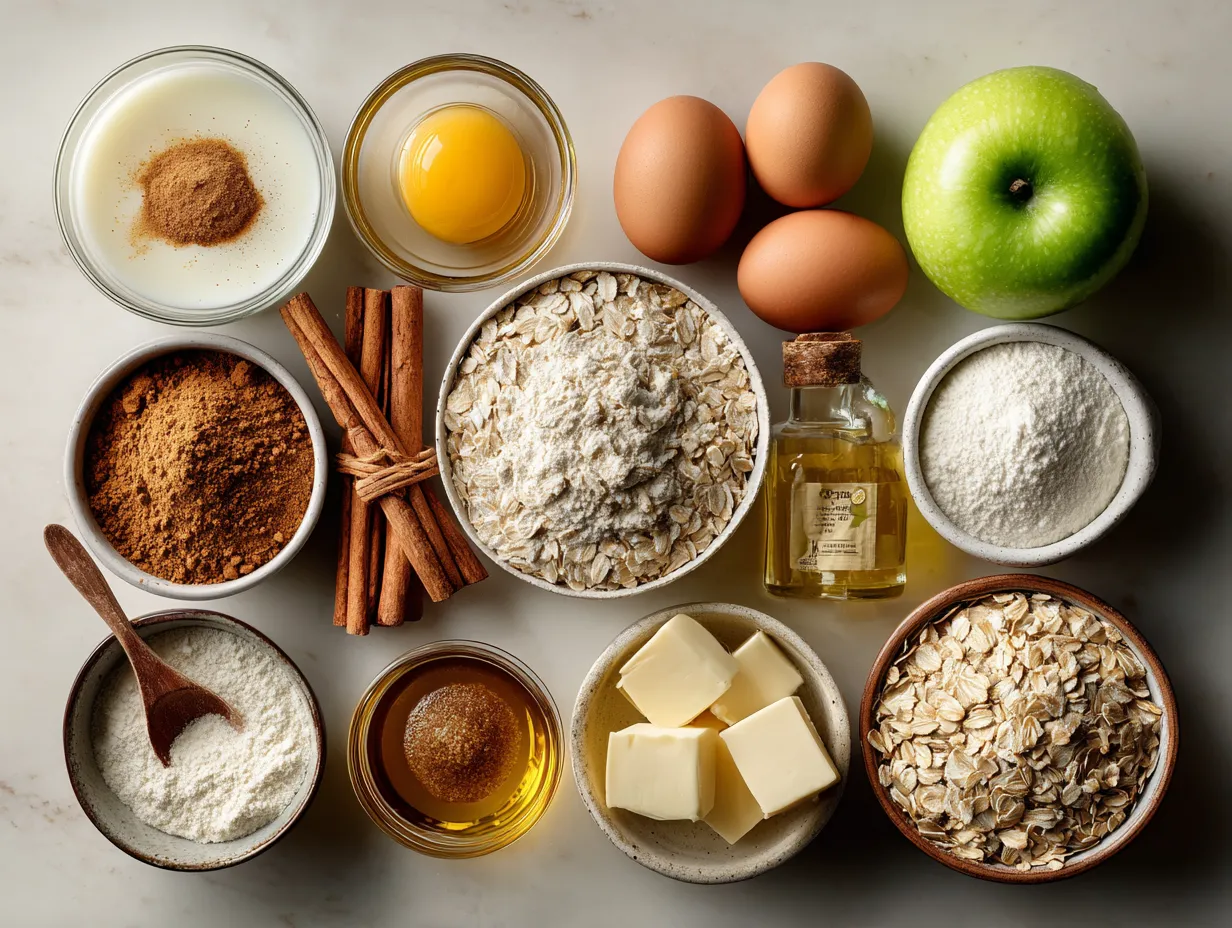 Ingredients for Apple Cinnamon High Fiber Baked Oatmeal including oats, cinnamon, apples, nuts, and other ingredients