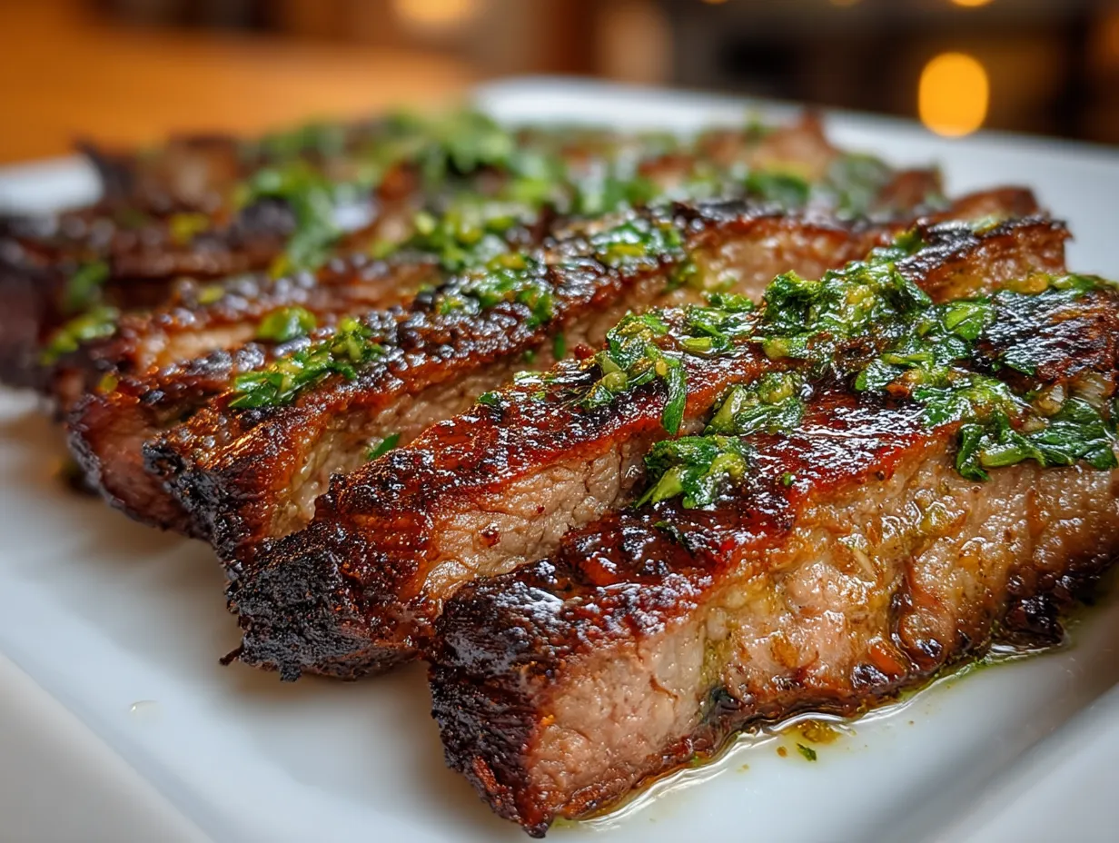 Sliced Argentine Chimichurri Flank Steak served with roasted vegetables and salad