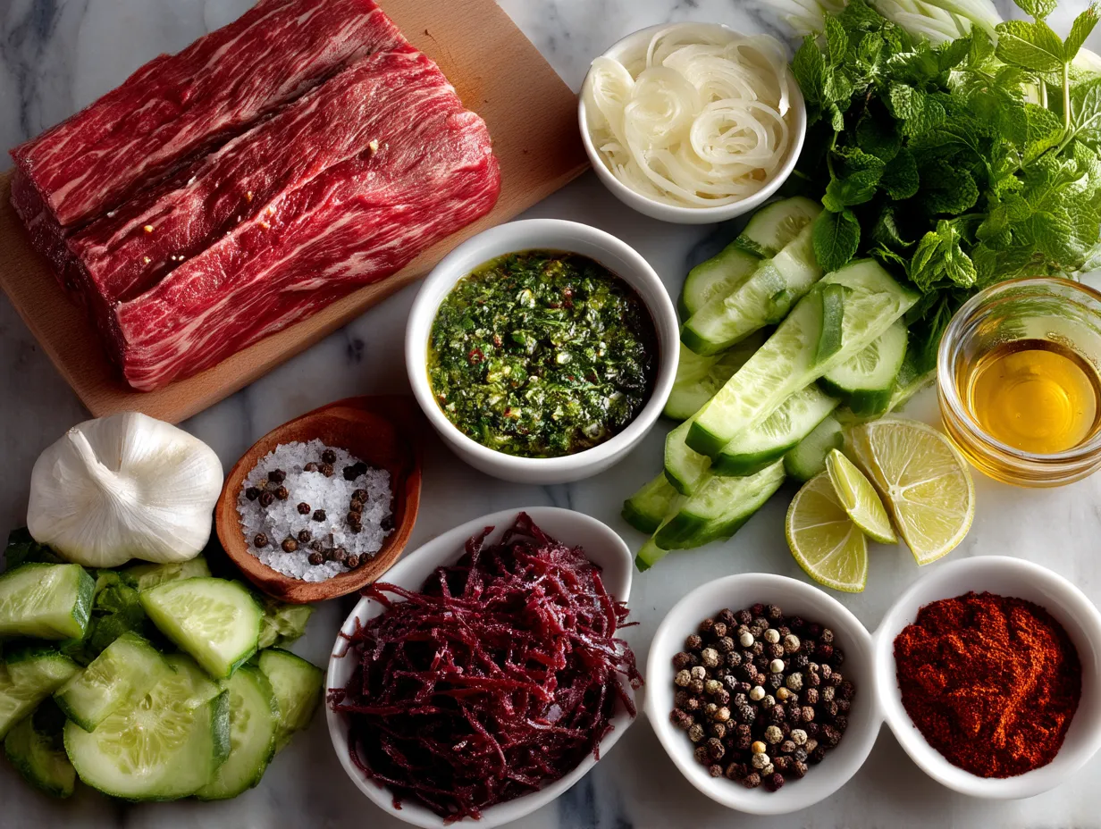 Ingredients for Argentine Chimichurri Flank Steak including fresh parsley, garlic, oregano, and flank steak
