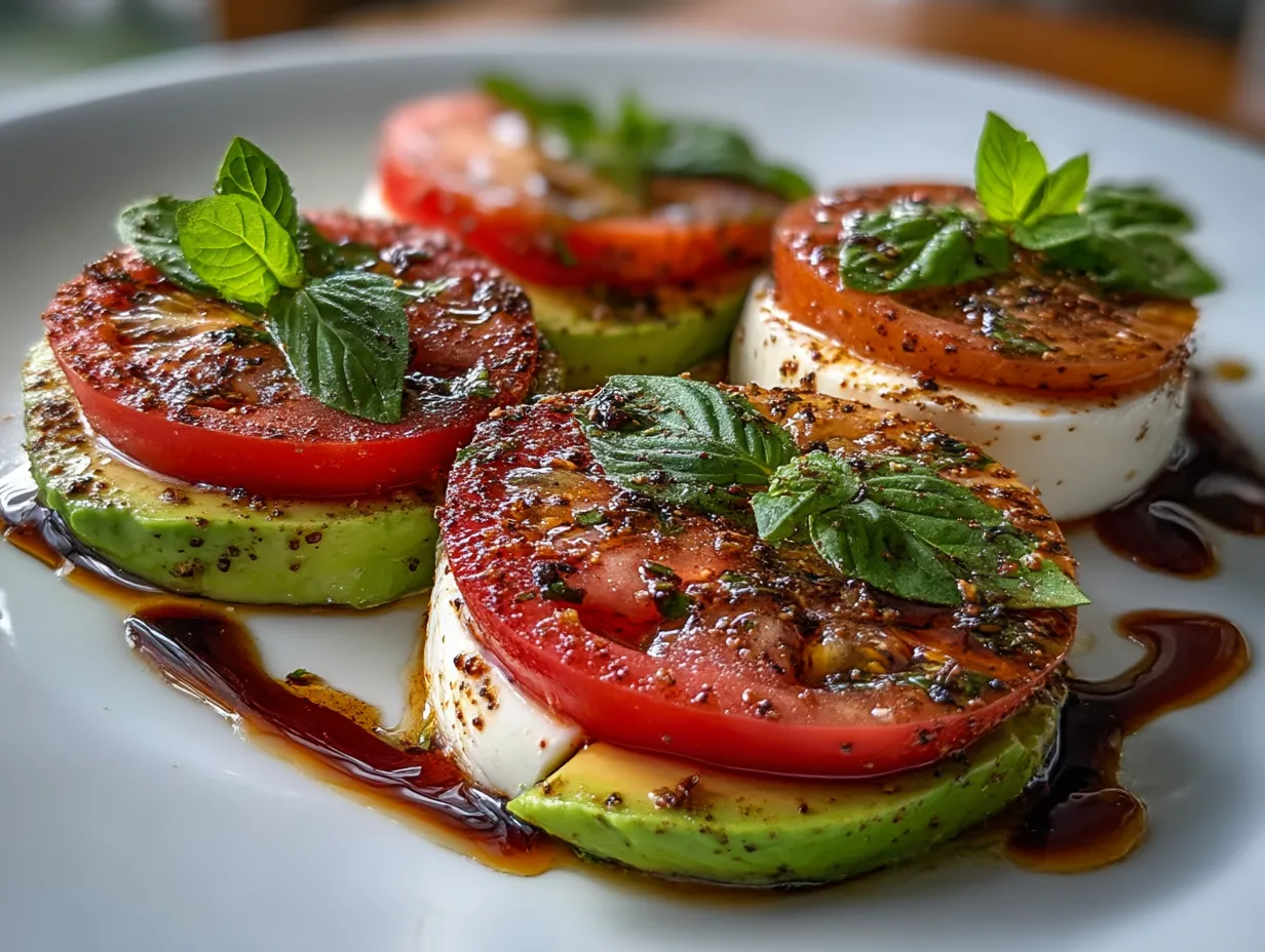 Served Avocado Caprese Salad ready to eat on a table