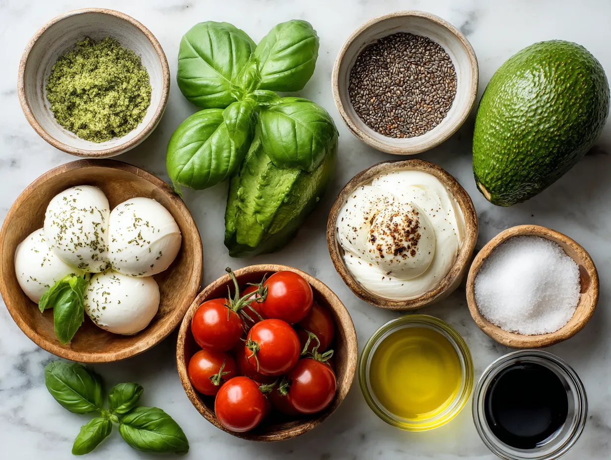 Ingredients for Avocado Caprese Salad arranged on a surface