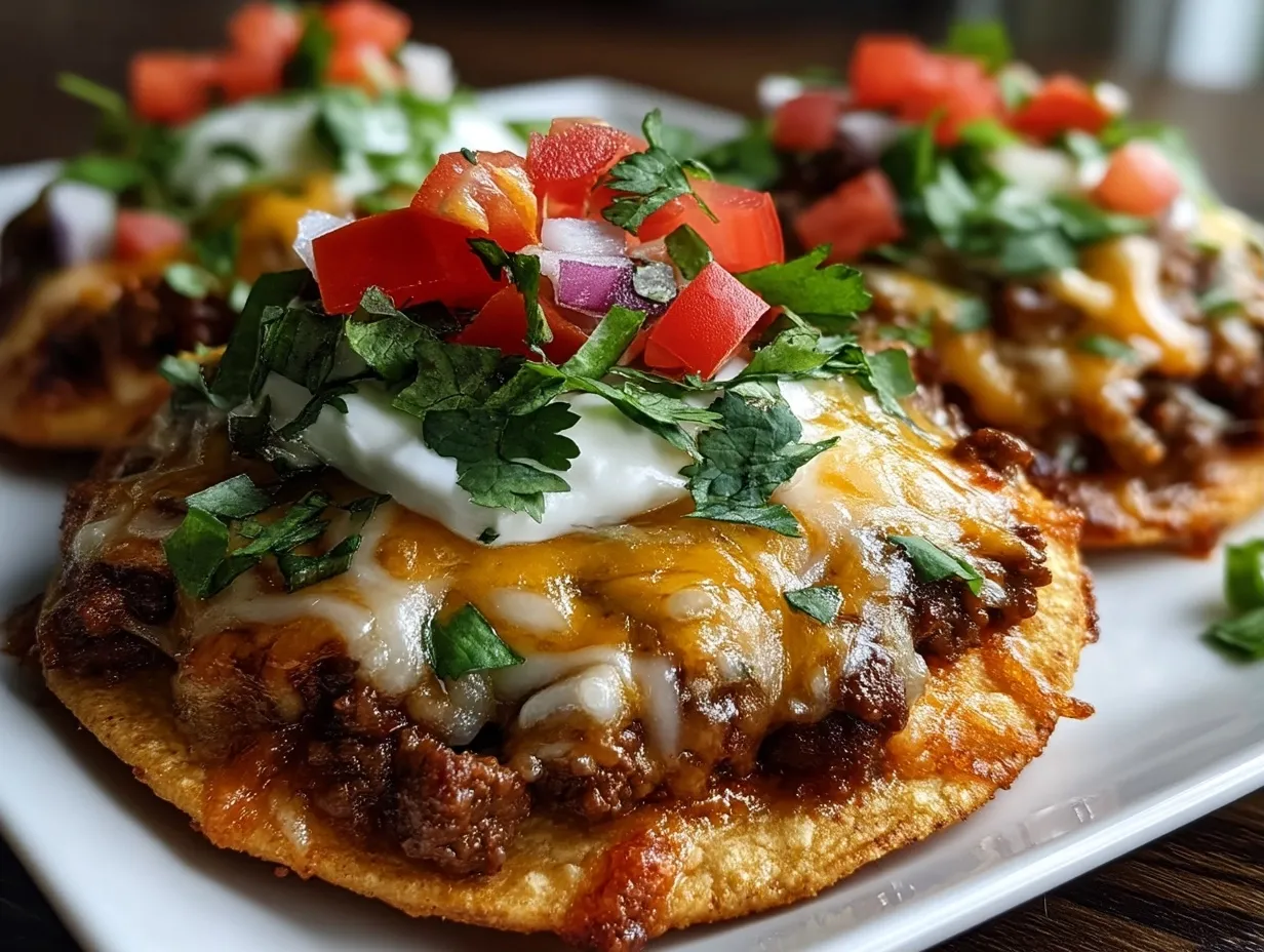 Plated baked ground beef mini tostadas garnished with fresh toppings and lime wedges