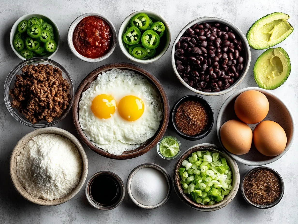 Ingredients for baked ground beef mini tostadas including ground beef, cheese, tortillas, lettuce, and tomatoes