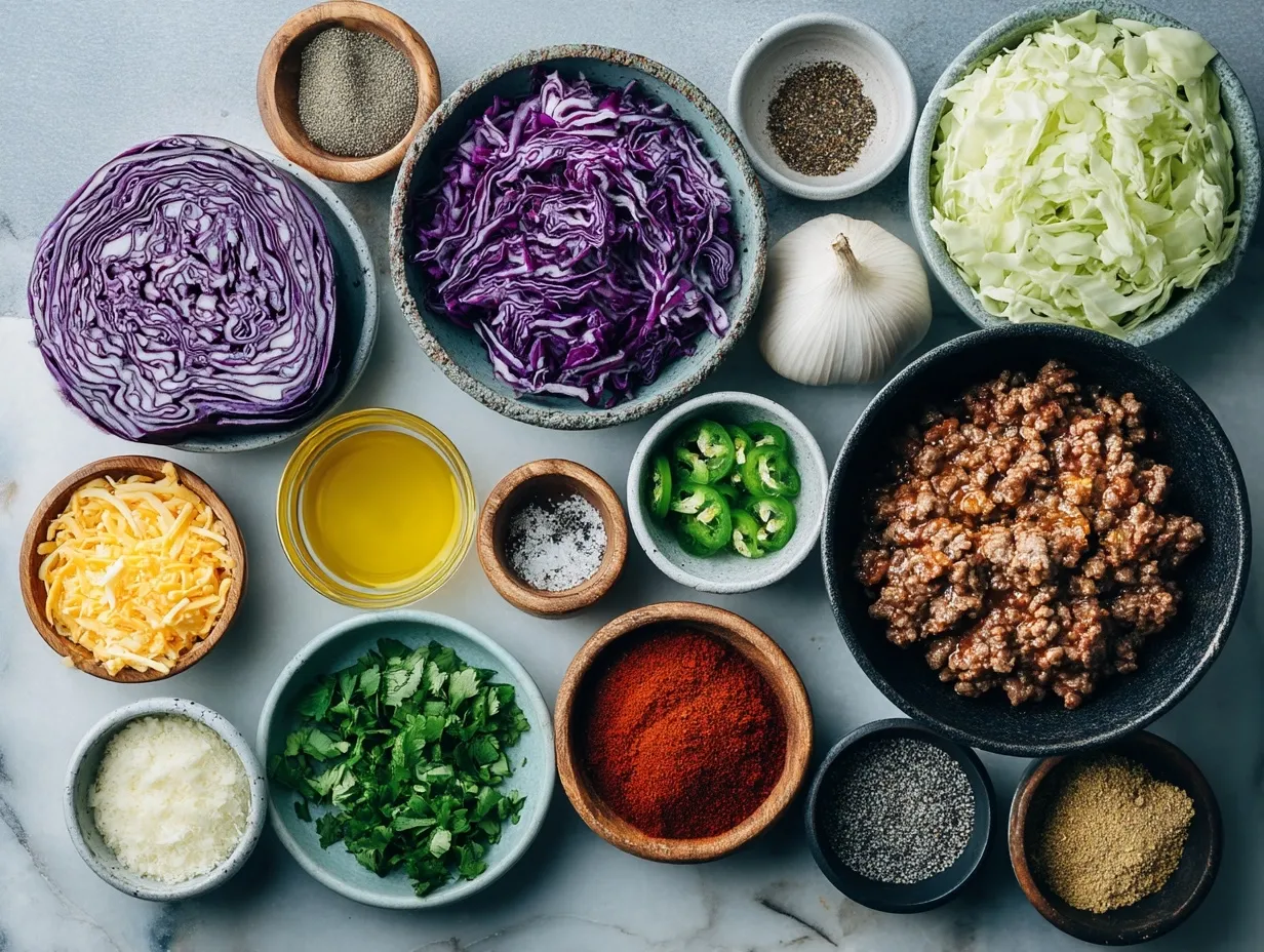 Ingredients for Baked Ground Beef Tostadas with Cabbage Slaw