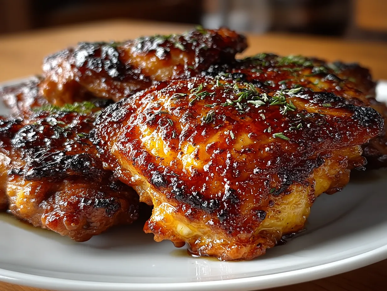 Golden crispy oven roasted BBQ chicken thighs served on a plate