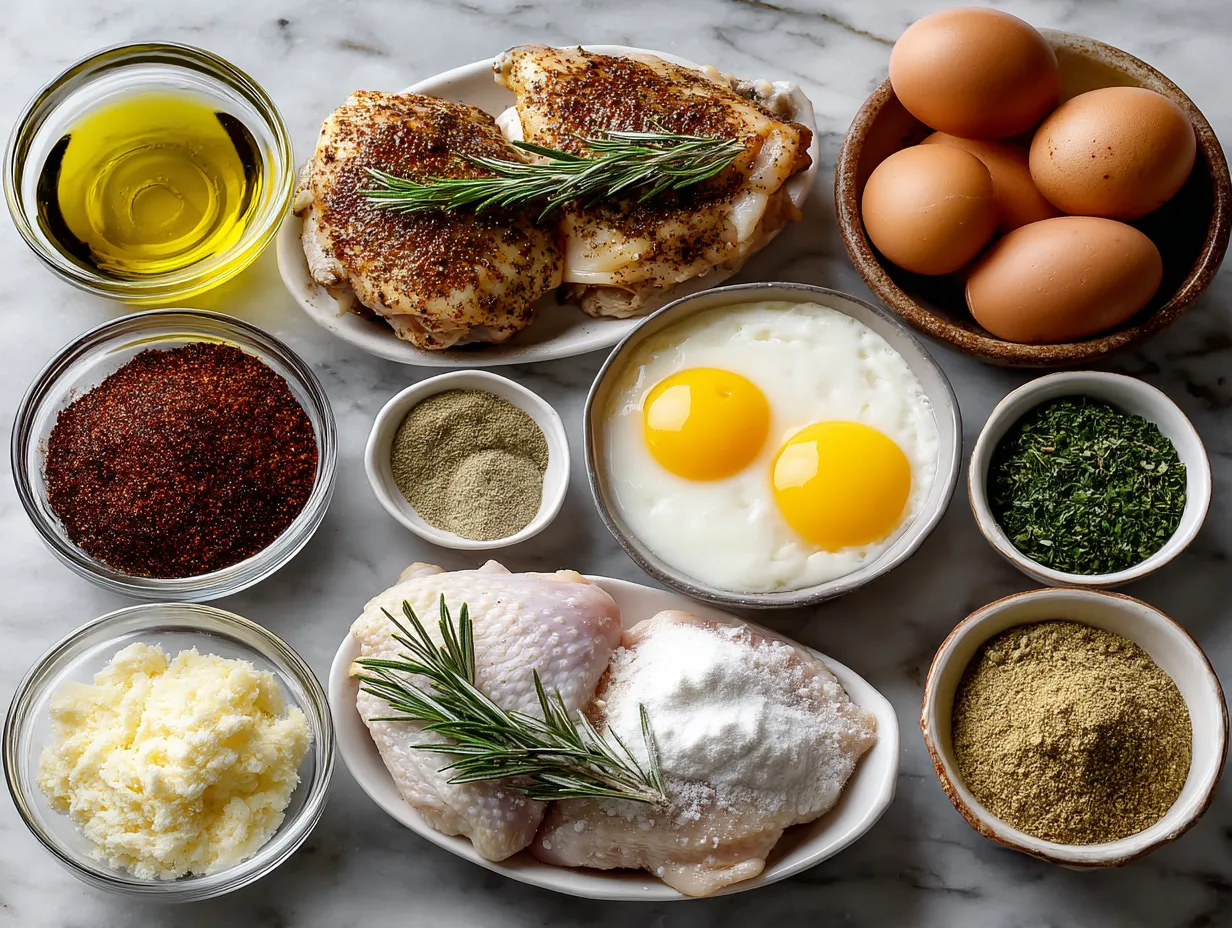 Ingredients for oven baked BBQ chicken thighs laid out on a countertop