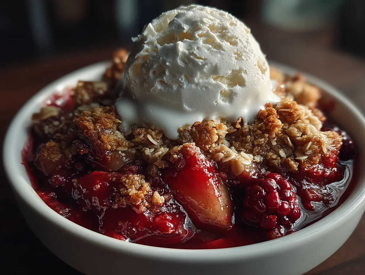 Serving of warm Blackberry Apple Oatmeal Crumble with vanilla ice cream