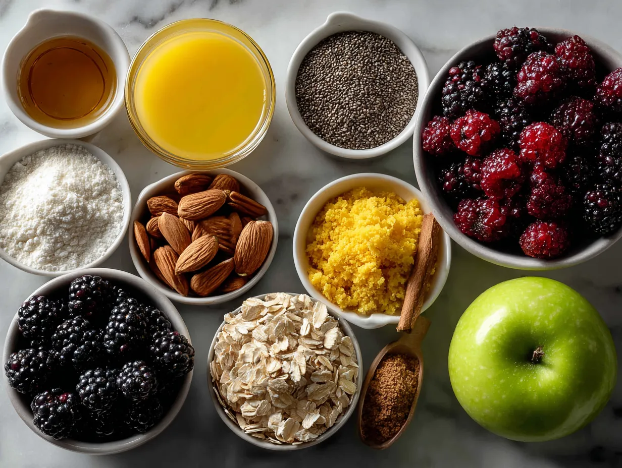 Ingredients for Blackberry Apple Oatmeal Crumble on a kitchen table