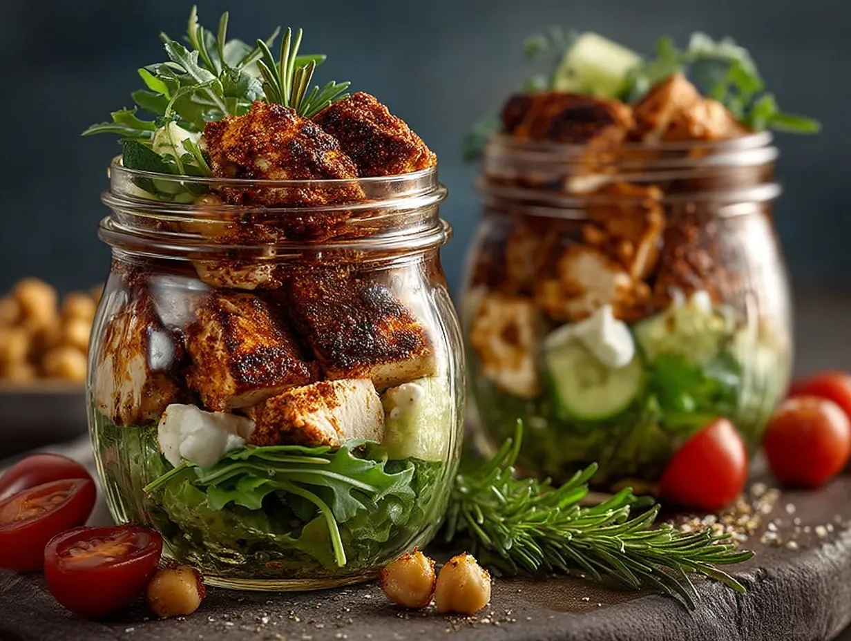 Beautifully layered Blackened Chicken Protein Salad Jars ready to serve