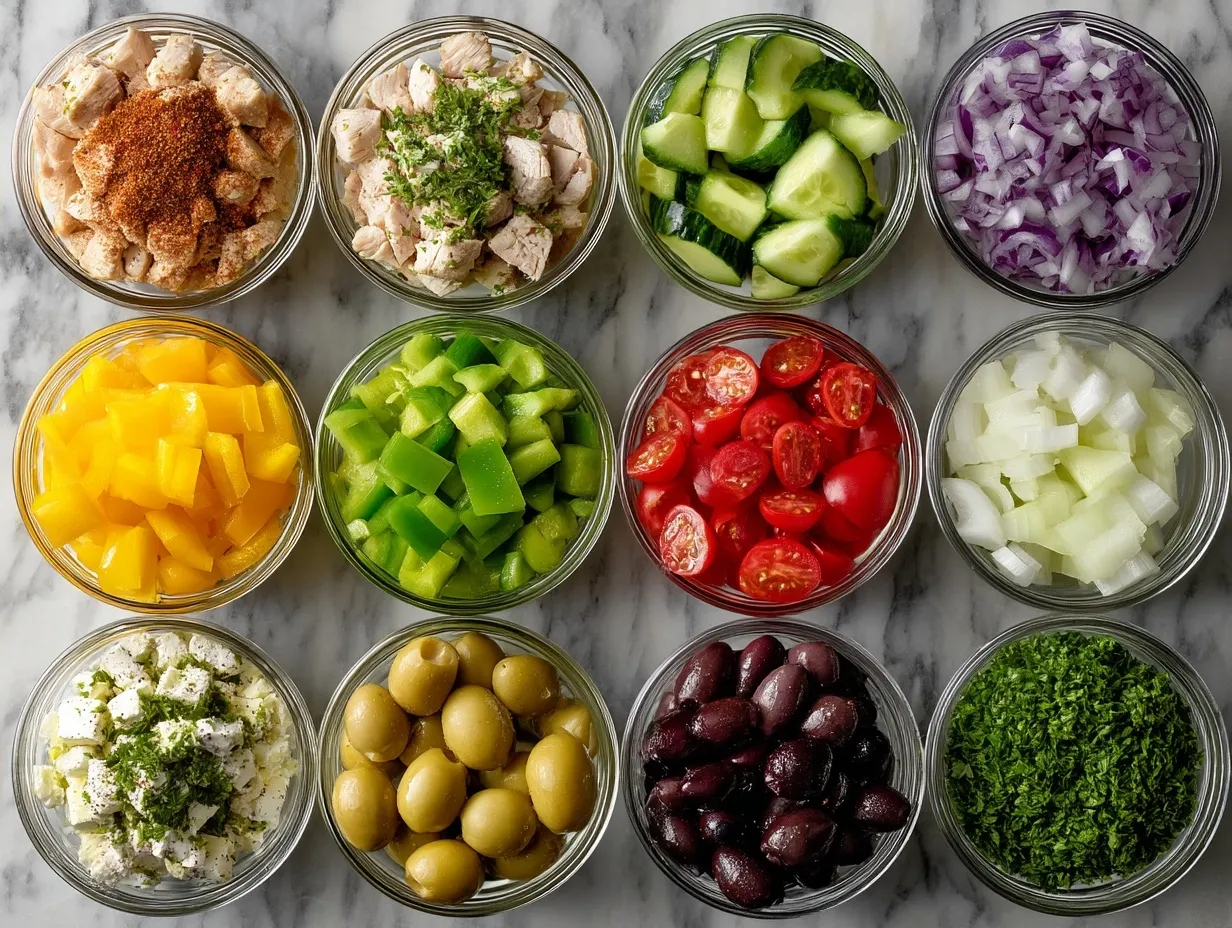 Ingredients laid out for Blackened Chicken Protein Salad Jars including spices, vegetables, chicken, and dressing
