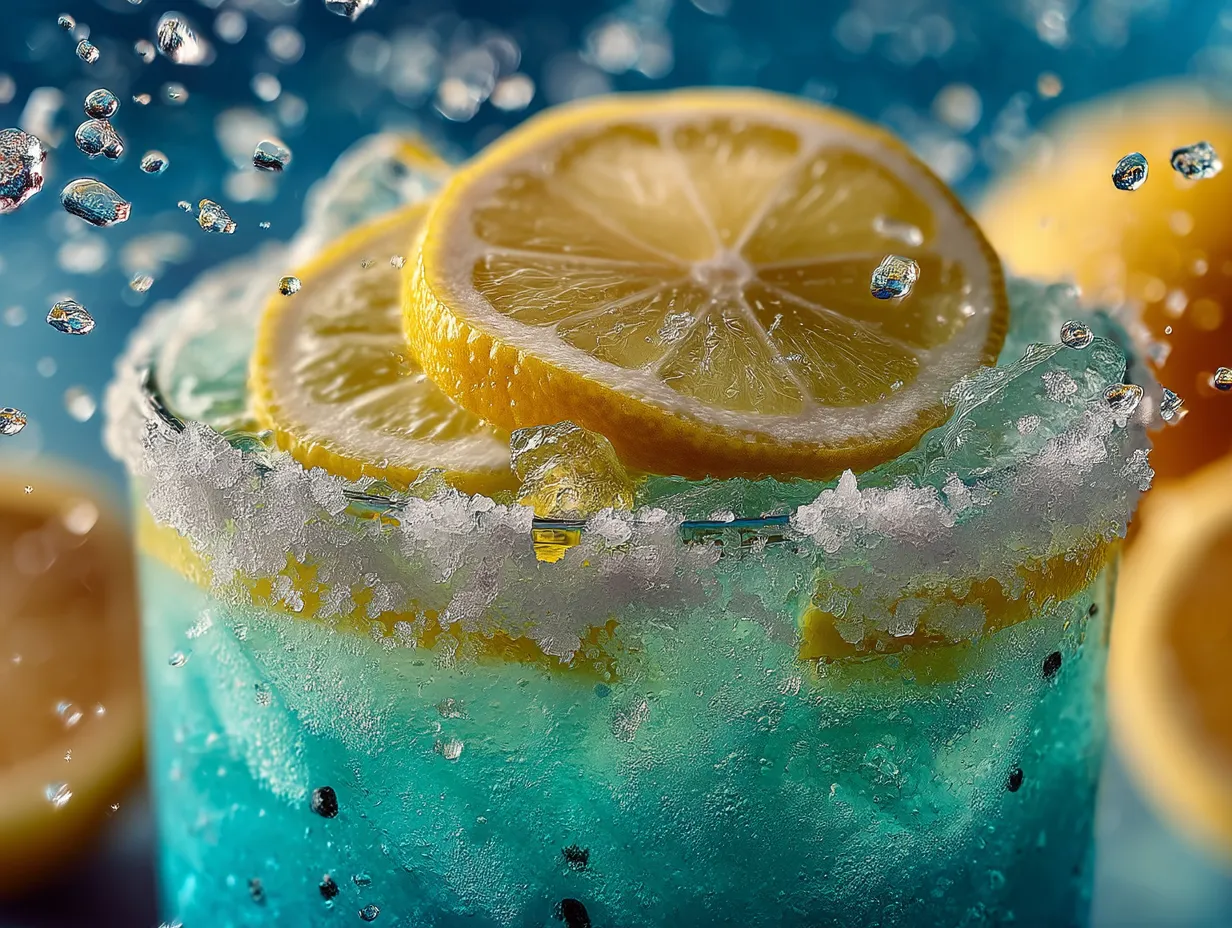 Blue raspberry lemonade served in a glass with lemon slices and mint garnish