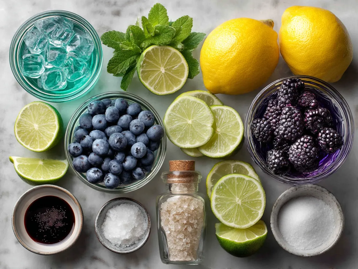 Ingredients for making blue raspberry lemonade including lemons, sugar, water, blue raspberry syrup, ice, and mint