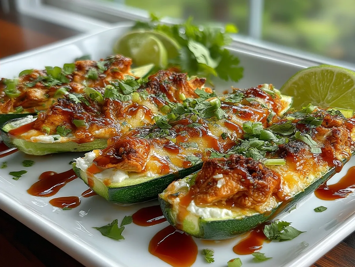 Buffalo chicken zucchini boats served on a plate with ranch dipping sauce and garnished with green onions