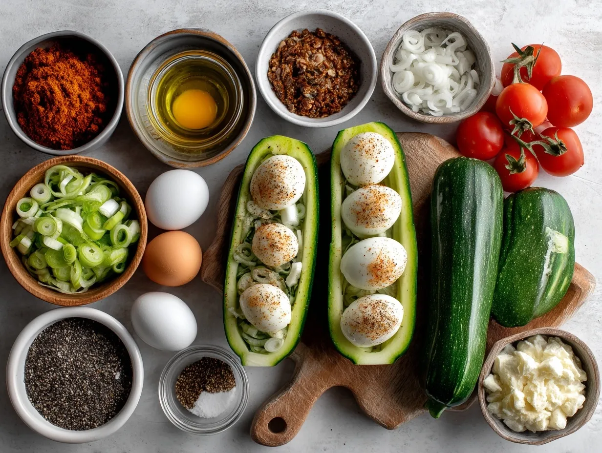 Ingredients laid out for buffalo chicken zucchini boats including zucchinis, shredded chicken, cheeses, and buffalo sauce