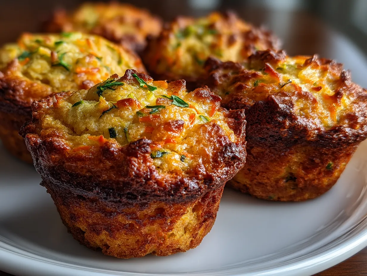 Freshly baked Carrot Zucchini Morning Glory Muffins served on a plate with a cup of tea