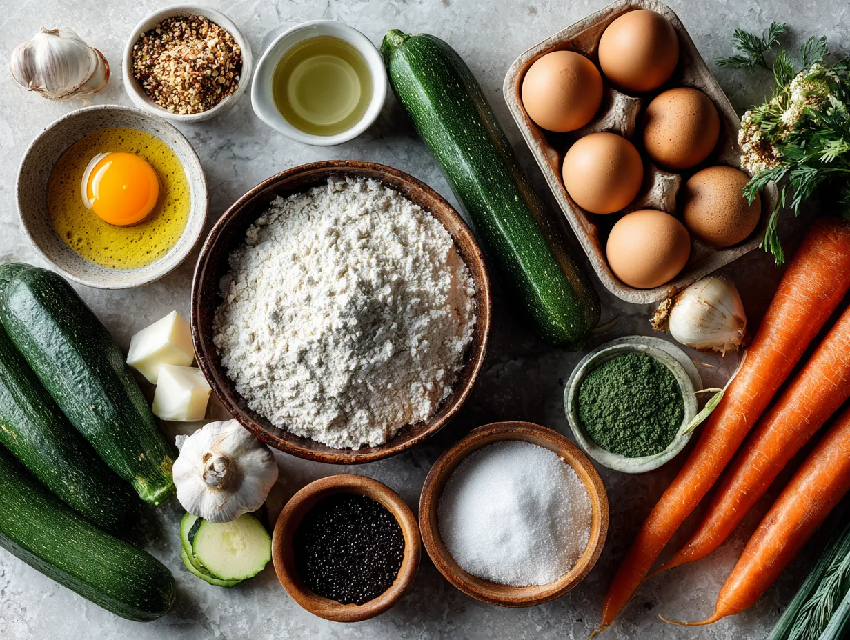 Ingredients laid out for making Carrot Zucchini Morning Glory Muffins