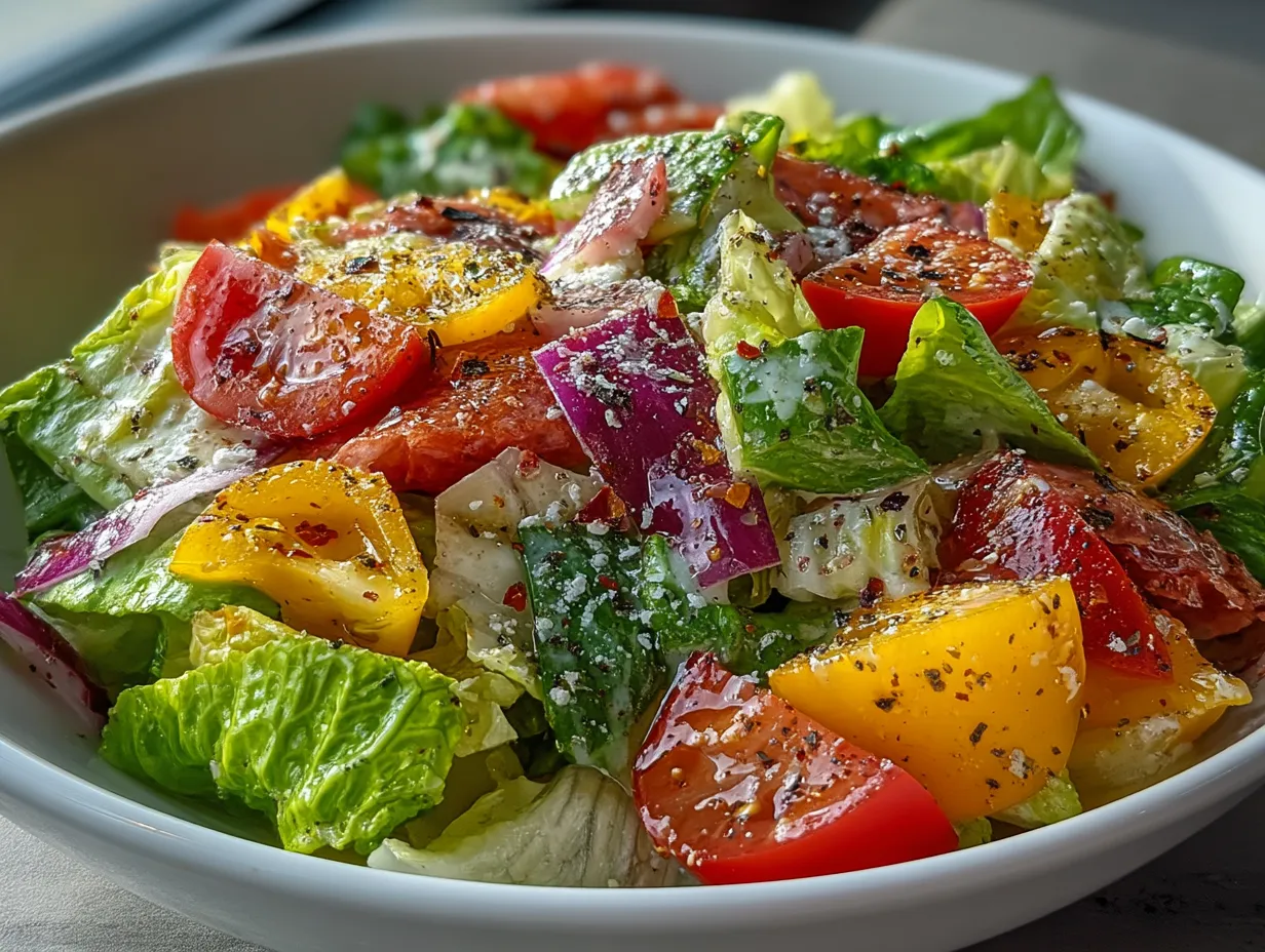 Chopped Italian salad served in a large glass bowl garnished with fresh basil