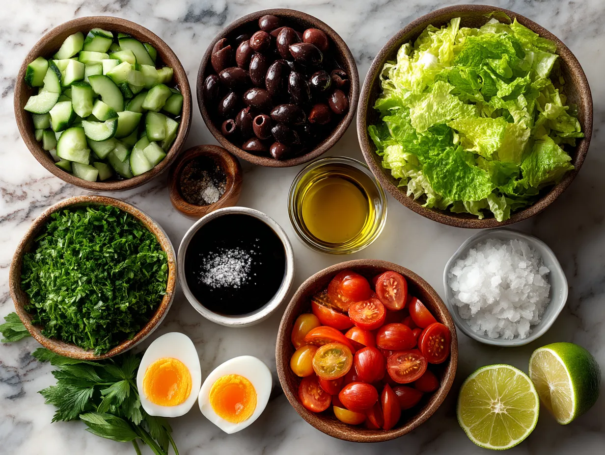 Ingredients for chopped Italian salad laid out on a table