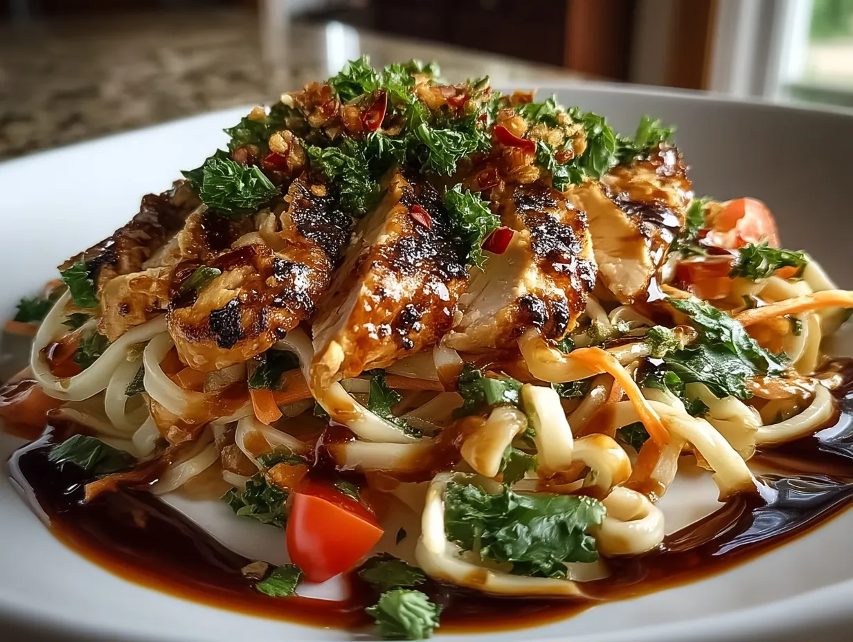 Serving bowl of Cold Peanut Noodle Salad with Chicken garnished with peanuts and cilantro