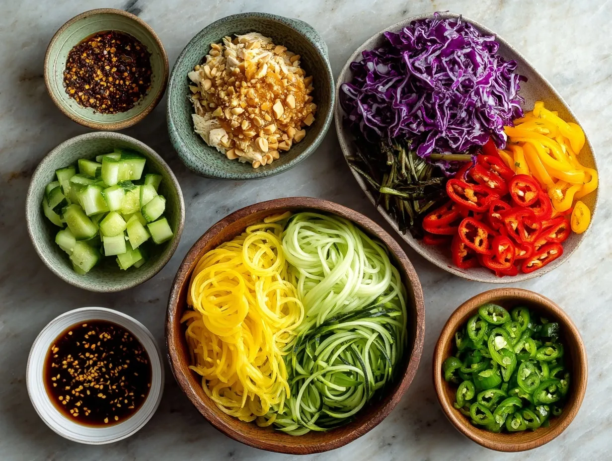 Ingredients laid out for Cold Peanut Noodle Salad with Chicken