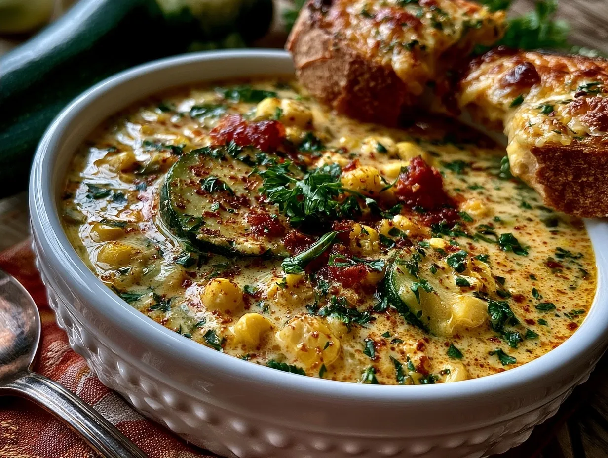 Creamy Corn and Zucchini Chowder served in a bowl