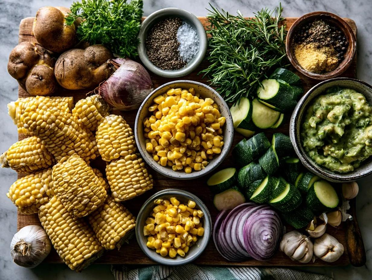 Ingredients for Creamy Corn and Zucchini Chowder Low Fat