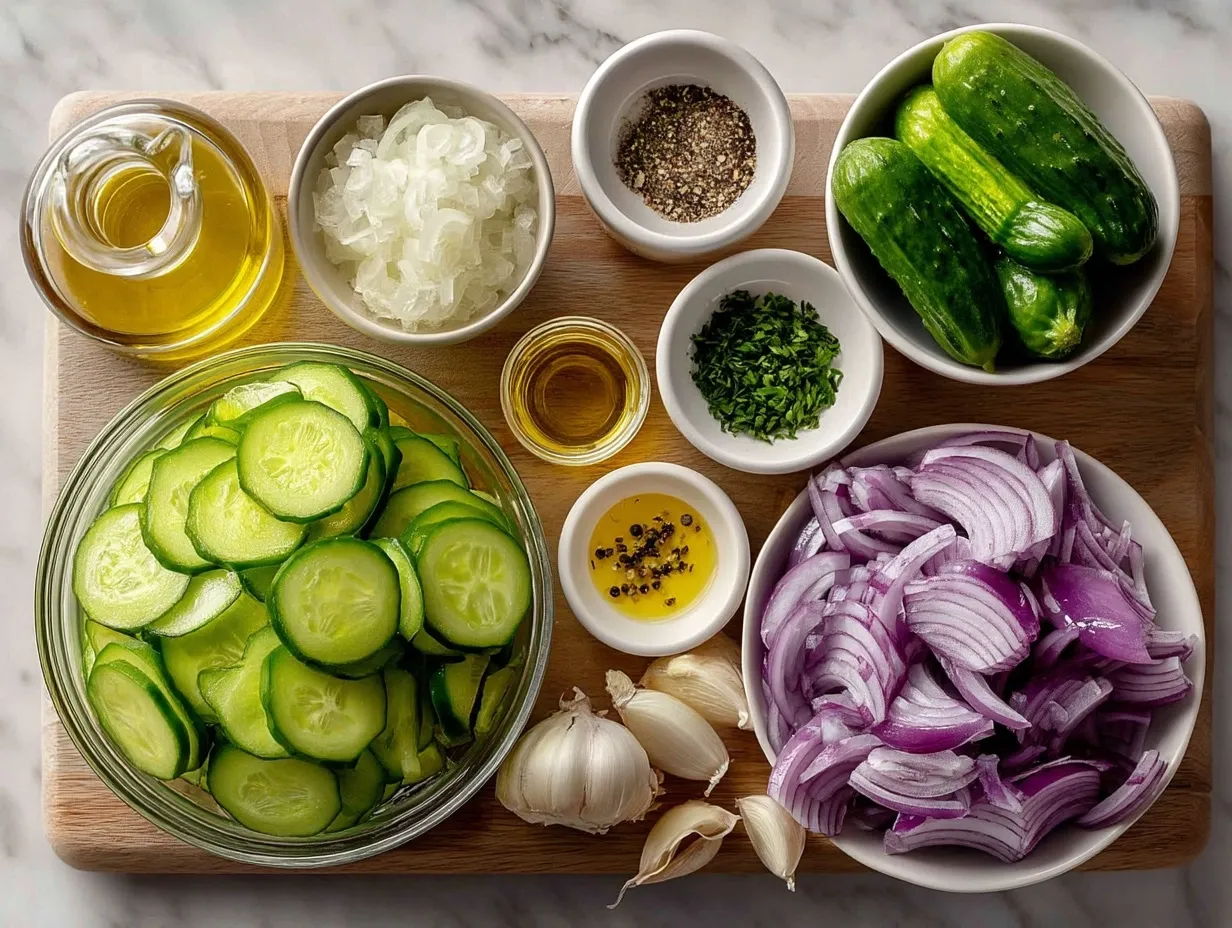 Ingredients laid out for cucumber onion salad vinegar dressing