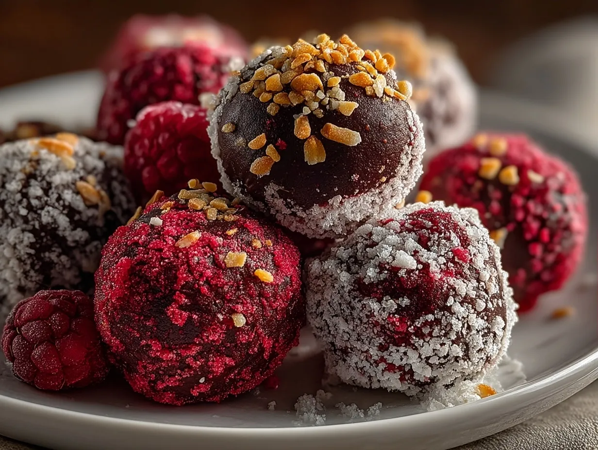 Dark Chocolate Raspberry Protein Truffles served on a plate