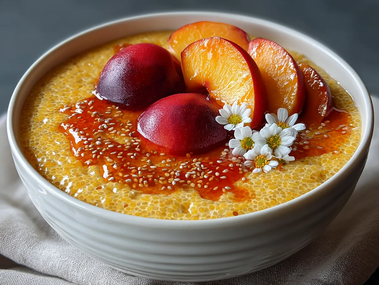 Fresh Peach Chia Protein Pudding served in a clear bowl with peach slices and nuts