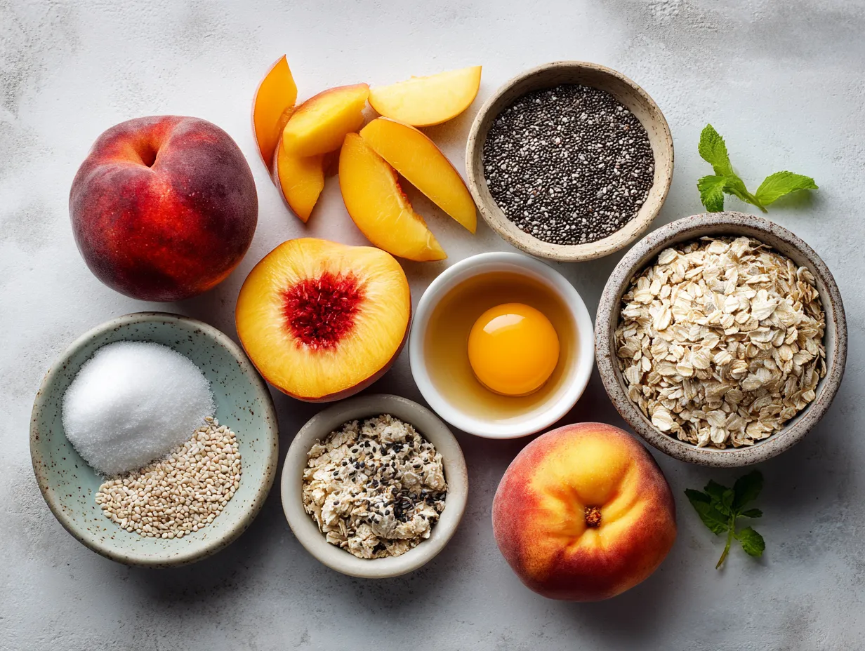 Ingredients for Fresh Peach Chia Protein Pudding including almond milk, chia seeds, protein powder, fresh peach, vanilla extract, maple syrup, and sea salt