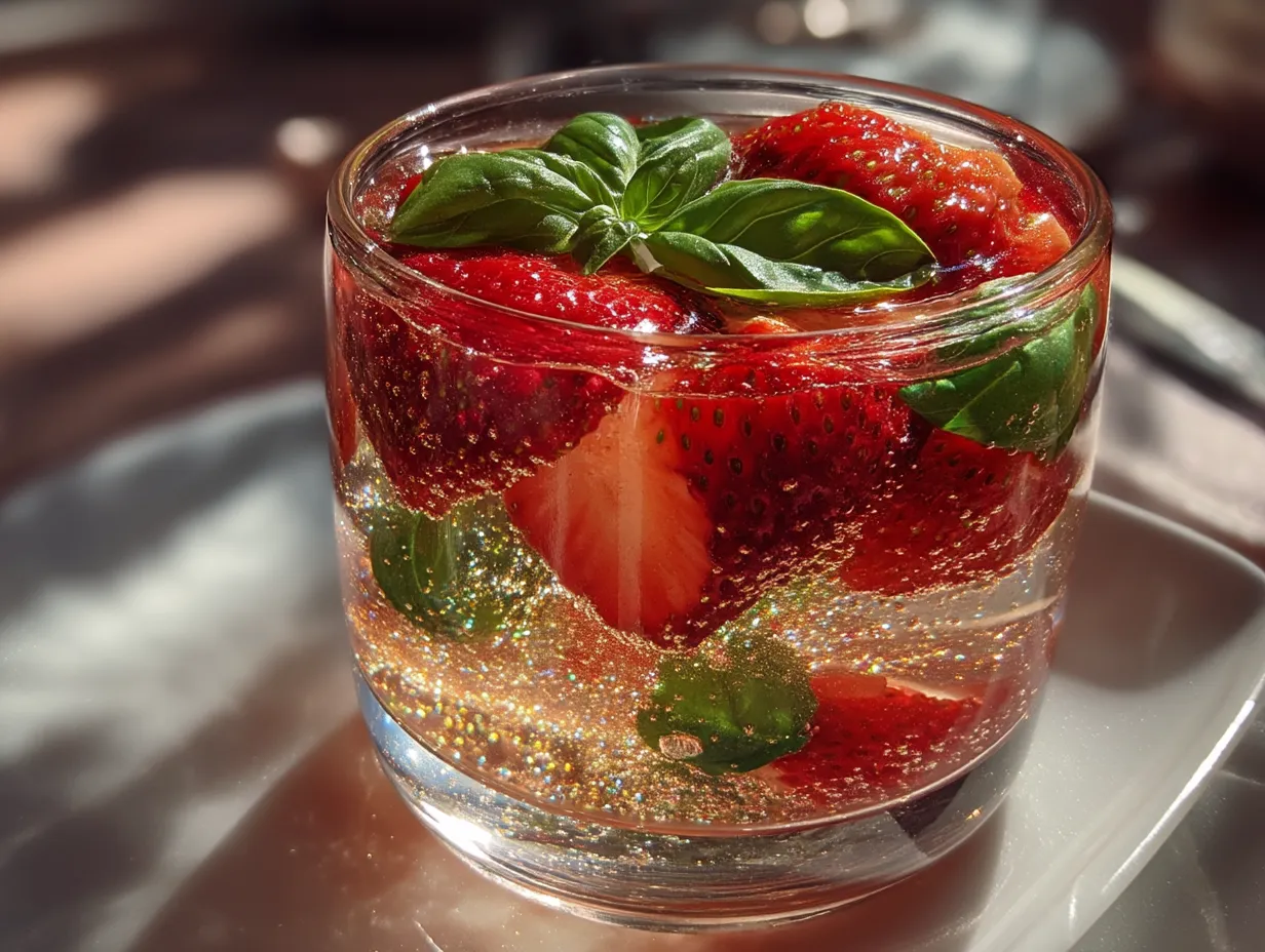 Glass of Fresh Strawberry Basil Infused Water garnished with fresh strawberries and basil leaves