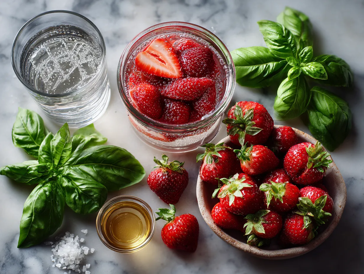 Ingredients for Fresh Strawberry Basil Infused Water including sliced strawberries and basil leaves