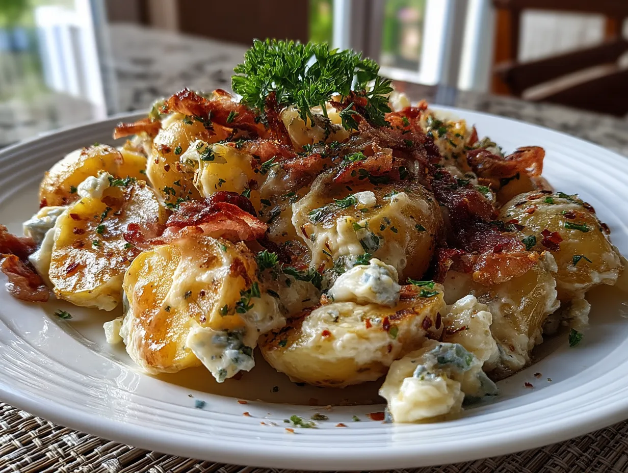 Serving German Potato Salad garnished with fresh parsley in a rustic bowl