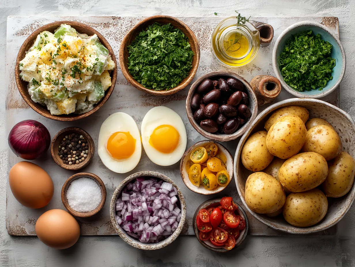 Ingredients for German Potato Salad arranged on a kitchen countertop