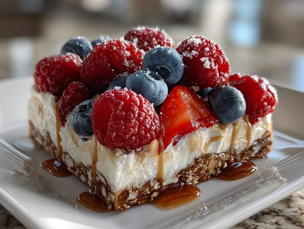 Serving pieces of Greek Yogurt Breakfast Bark with Berries on a wooden board