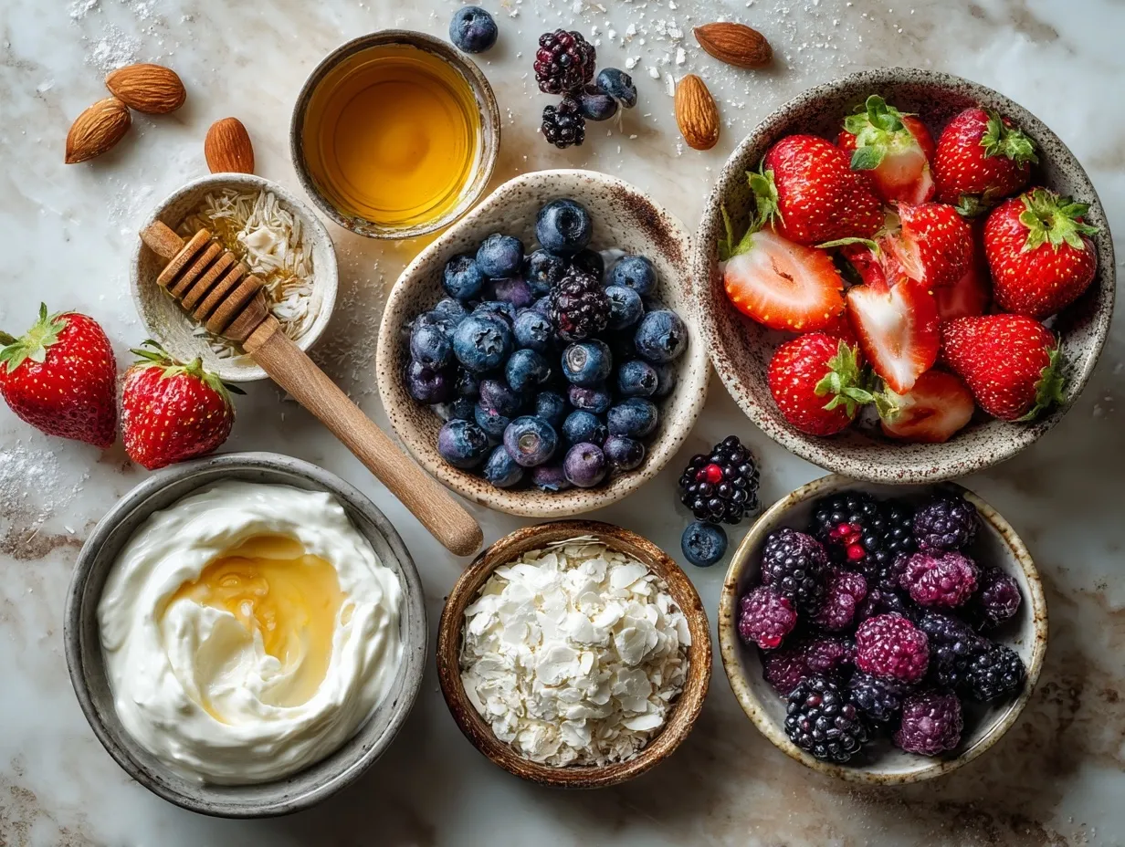 Ingredients for Greek Yogurt Breakfast Bark with Berries laid out on a table