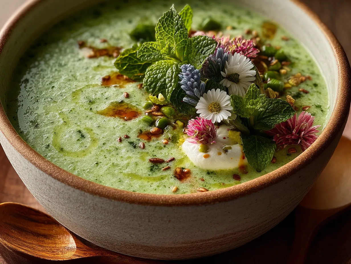 Green Herb Gazpacho served in a bowl with fresh herbs as garnish
