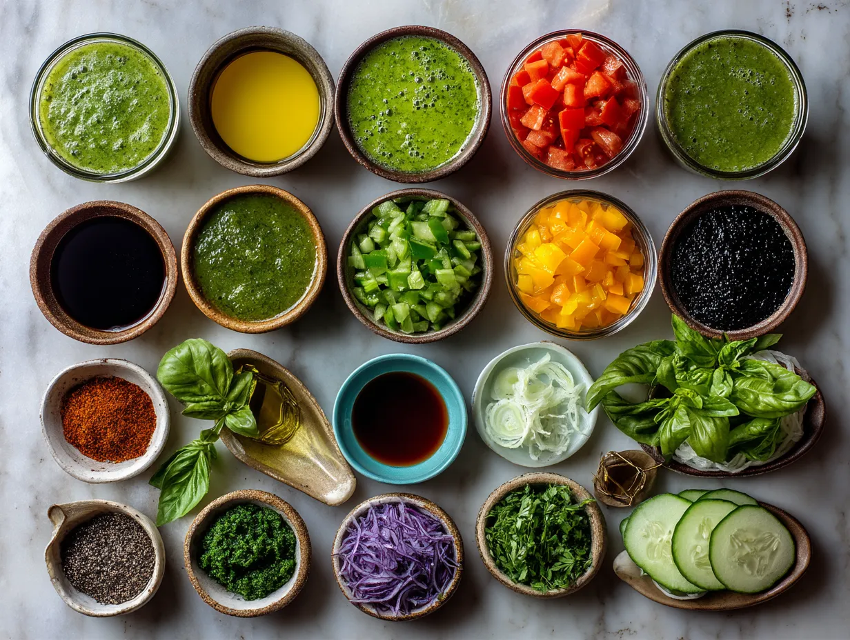 Fresh ingredients for Green Herb Gazpacho laid out on a kitchen table