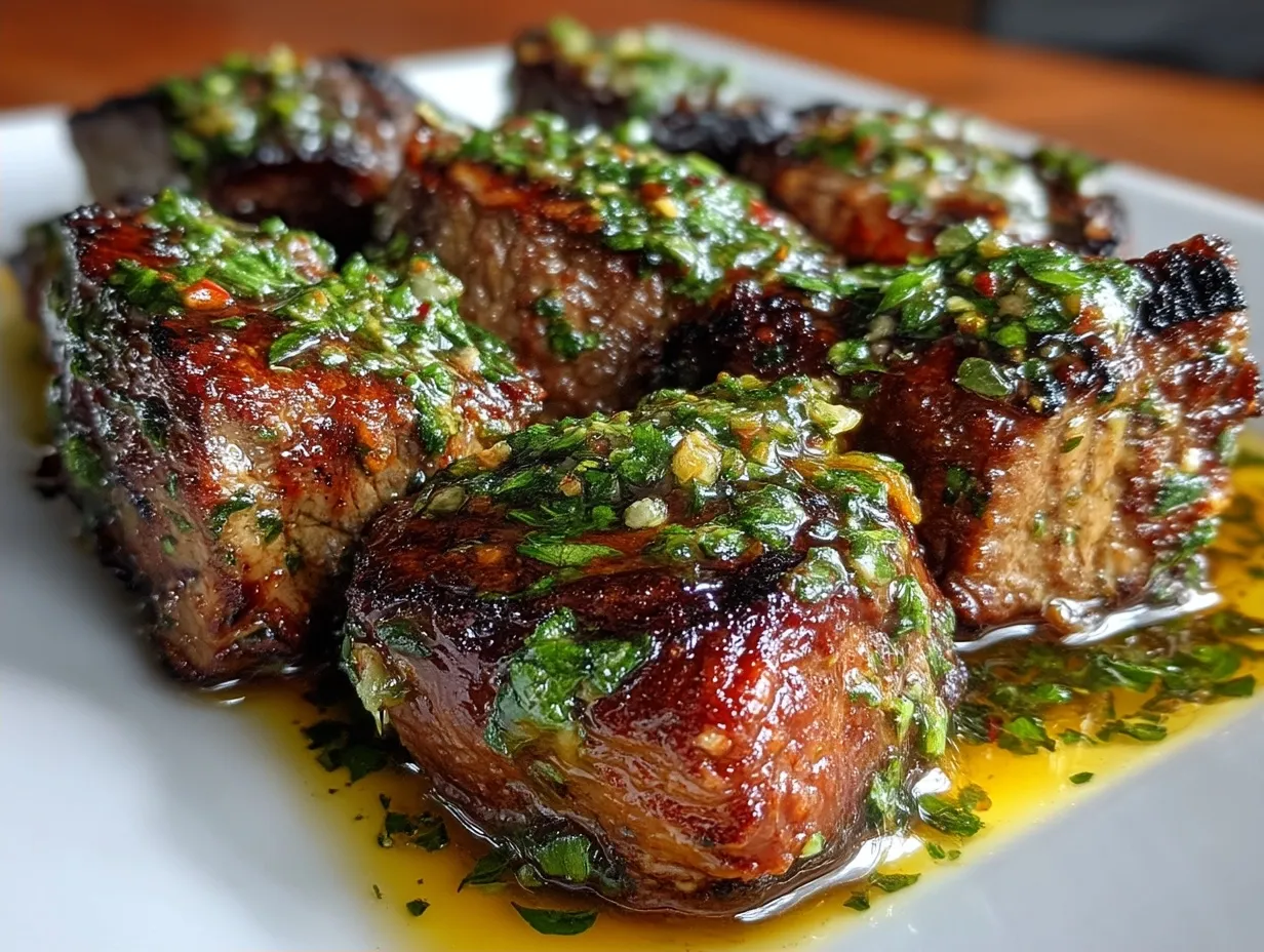 Grilled Chimichurri Steak Bites served on a platter with chimichurri sauce and fresh parsley