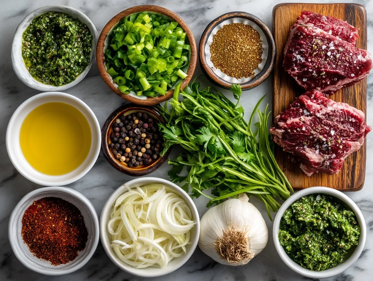 Ingredients for Grilled Chimichurri Steak Bites including sirloin steak, olive oil, parsley, cilantro, garlic, vinegar, and spices