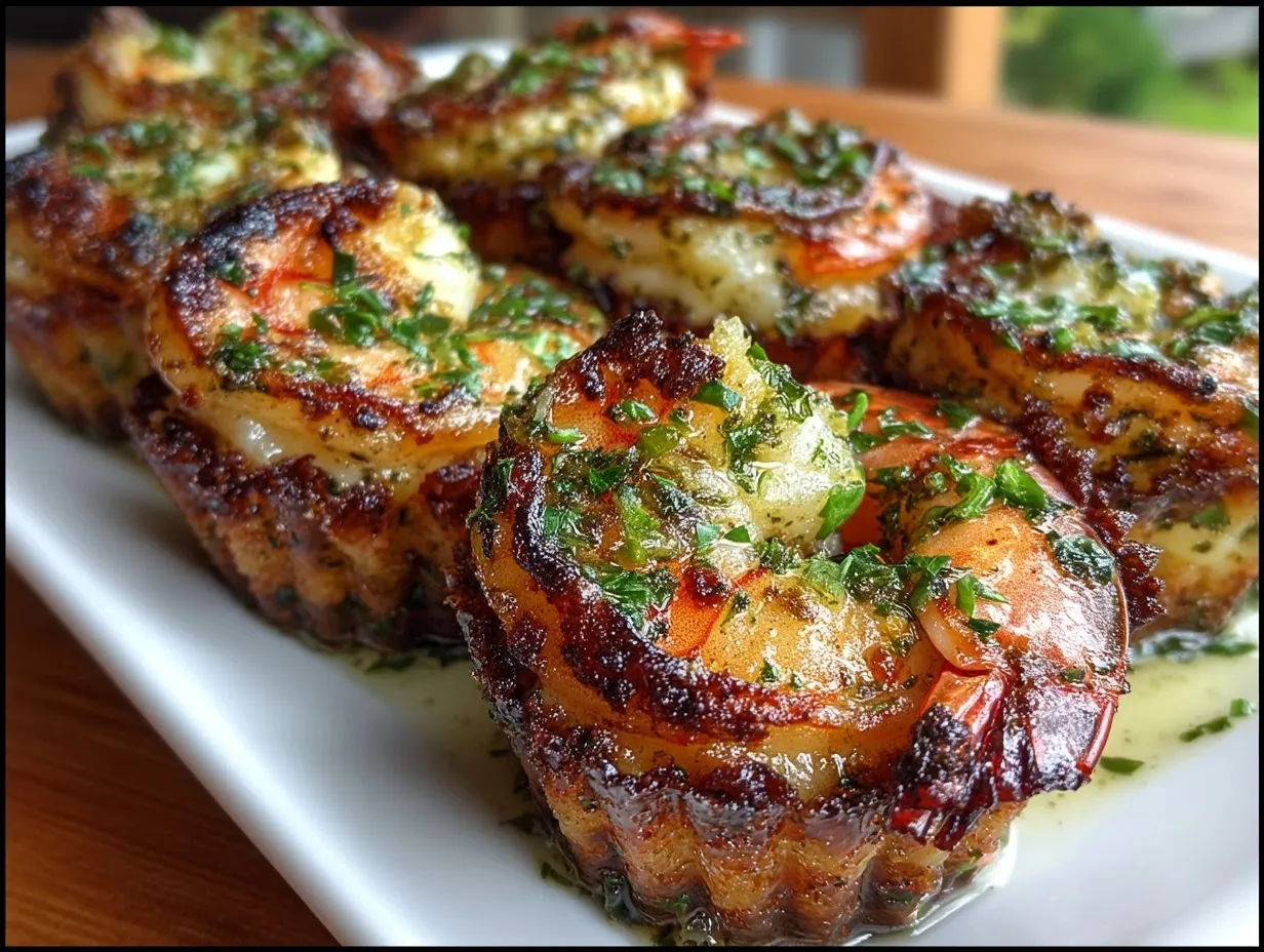 Served Grilled Garlic Herb Shrimp Cups on a platter