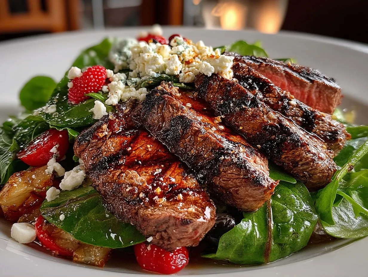 Plated Grilled Mediterranean Steak Salad with fresh vegetables and steak slices